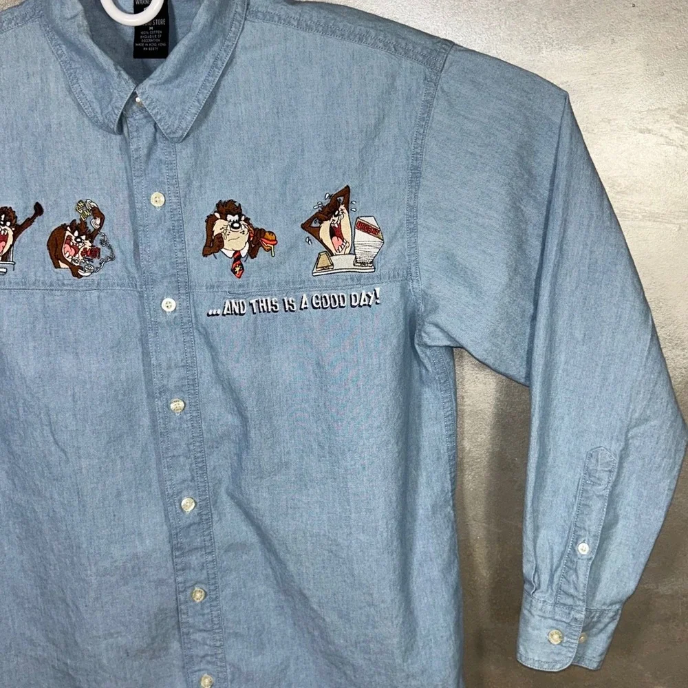 Vintage Warner Brothers Studio Taz Tasmanian Devil Denim Shirt Cartoon Medium - Picture 6 of 13